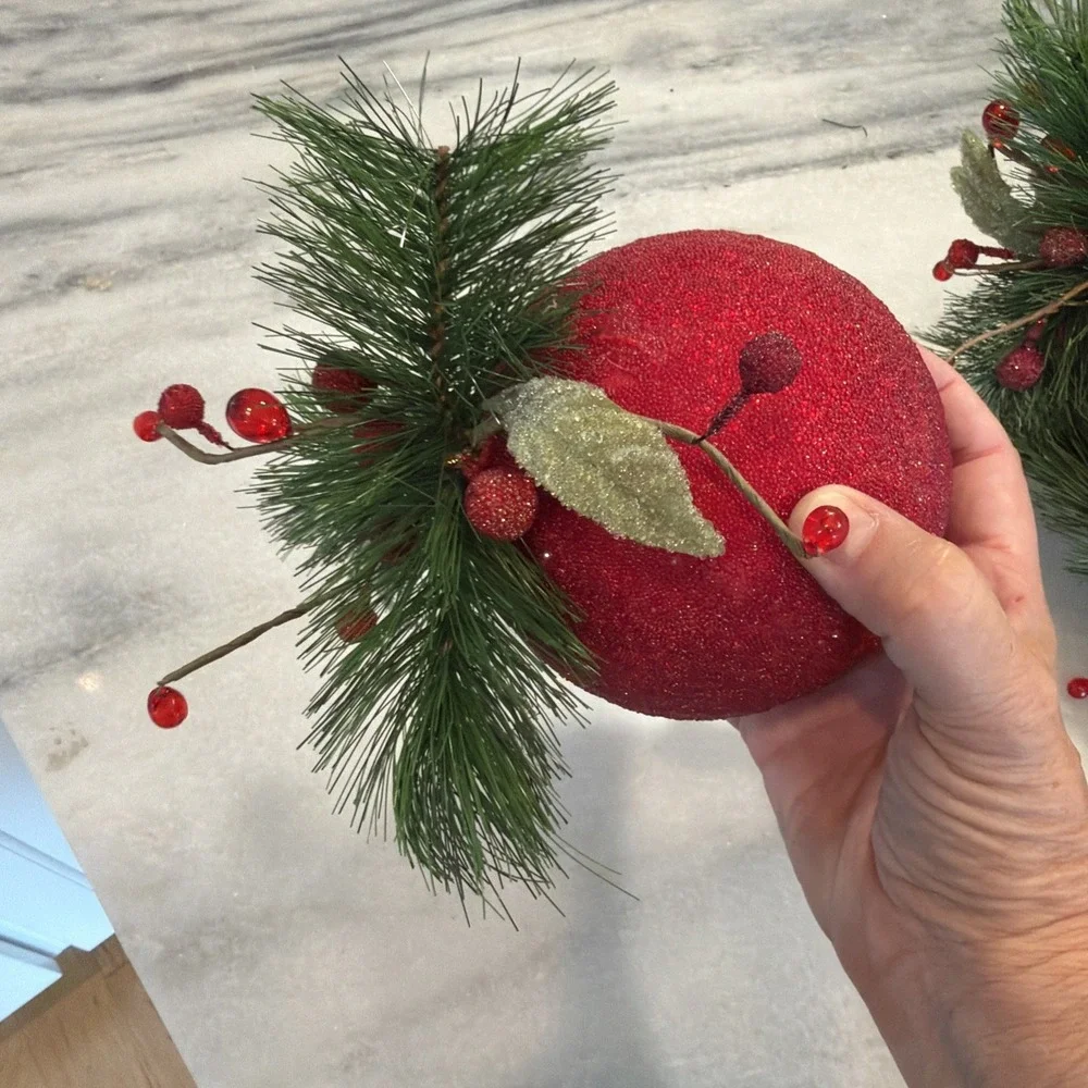 Set Of 5 Large Red Sparkle Christmas Balls With Pine And Cranberries
